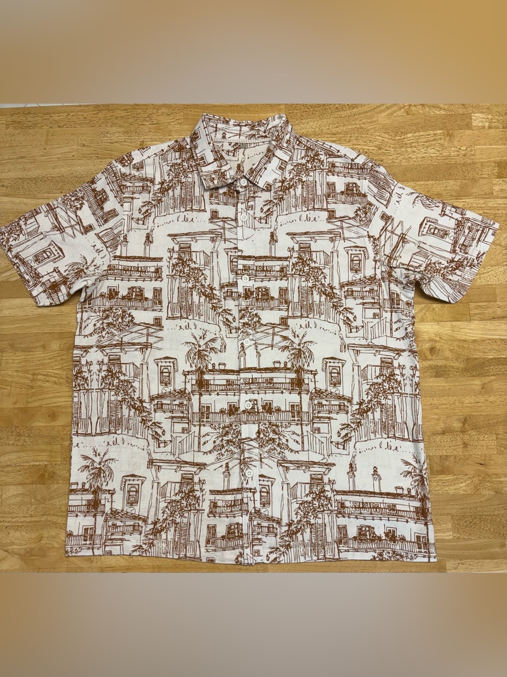Men's White & Brown Scenic Print Short-Sleeve Button-Down Shirt